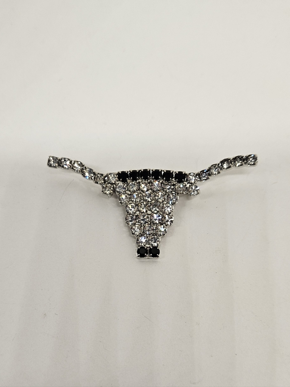Bull Longhorn Brooch Pin Rhinestones Black Clear Texas Western Country Cattle